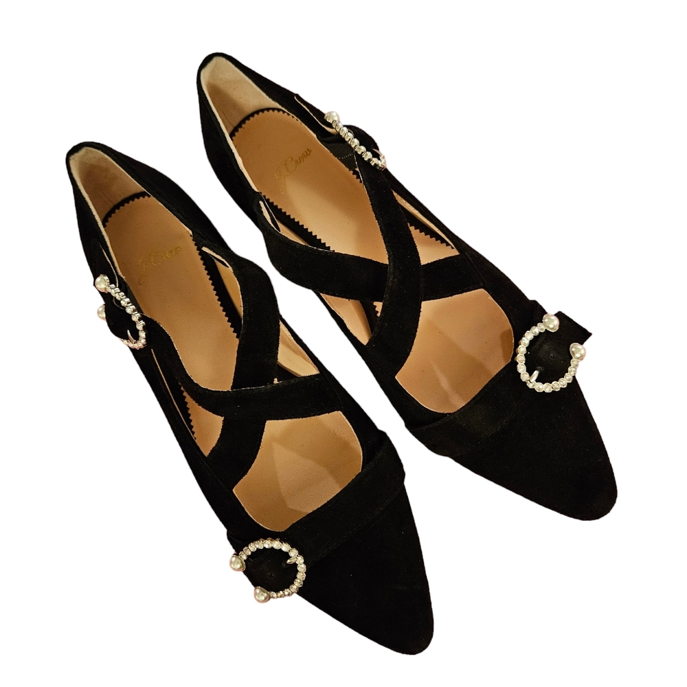 J CREW Black Suede MARINA CRISS CROSS  Pearl Rhinestone buckle Dress Flat 9.5
